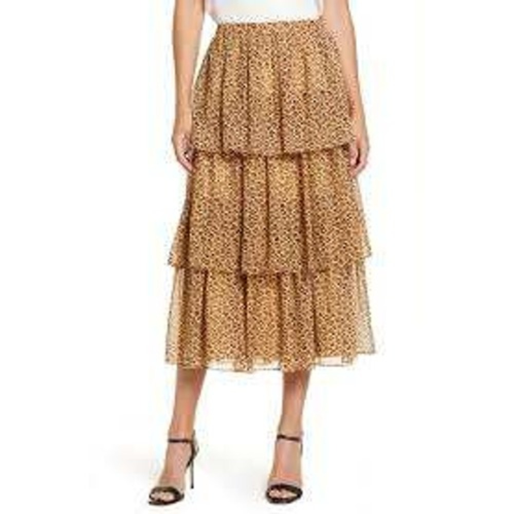 Rachel Parcell Leopard Print Tiered Midi Skirt Tan Brown Animal Print Size M